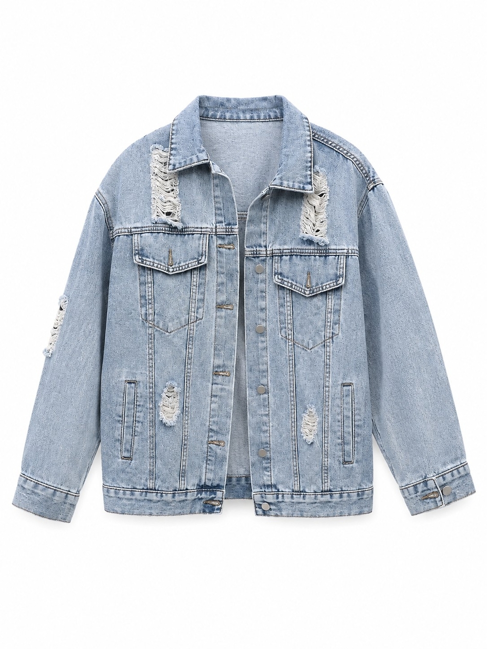 Distressed Oversized Denim Jacket • Light Wash • Size L • NWOT
